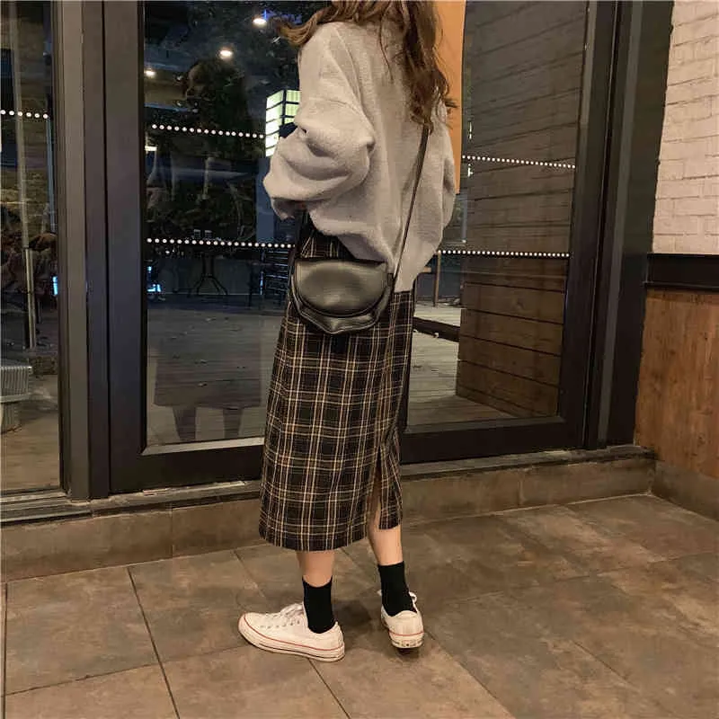 Vintage Plaid Womens Skirts Autumn Pencil Long Female Warm Thick Mujer Women Winter High Waist Skirt Girls Maxi Midi Pleated 210417