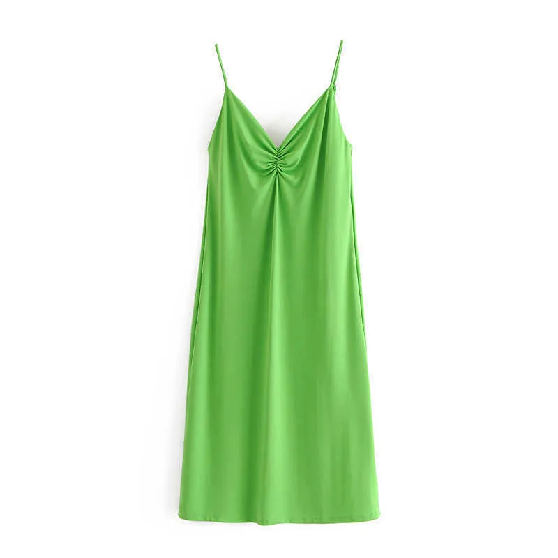 Za ruched flowsy летнее платье женщины V-образным вырезом MIDI платья с регулируемыми ремнями спагетти Элегантное платье без спинки длинное 210602