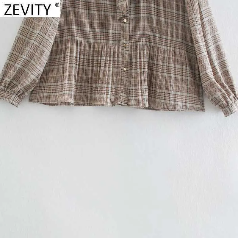 Zevity Kobiety Vintage Bow Miste Stand Collar Plaid Drukuj Plisowane Kimono Koszulki Retro Lady Bluzka Roupas Chic Femininas Topy LS7395 210603  t