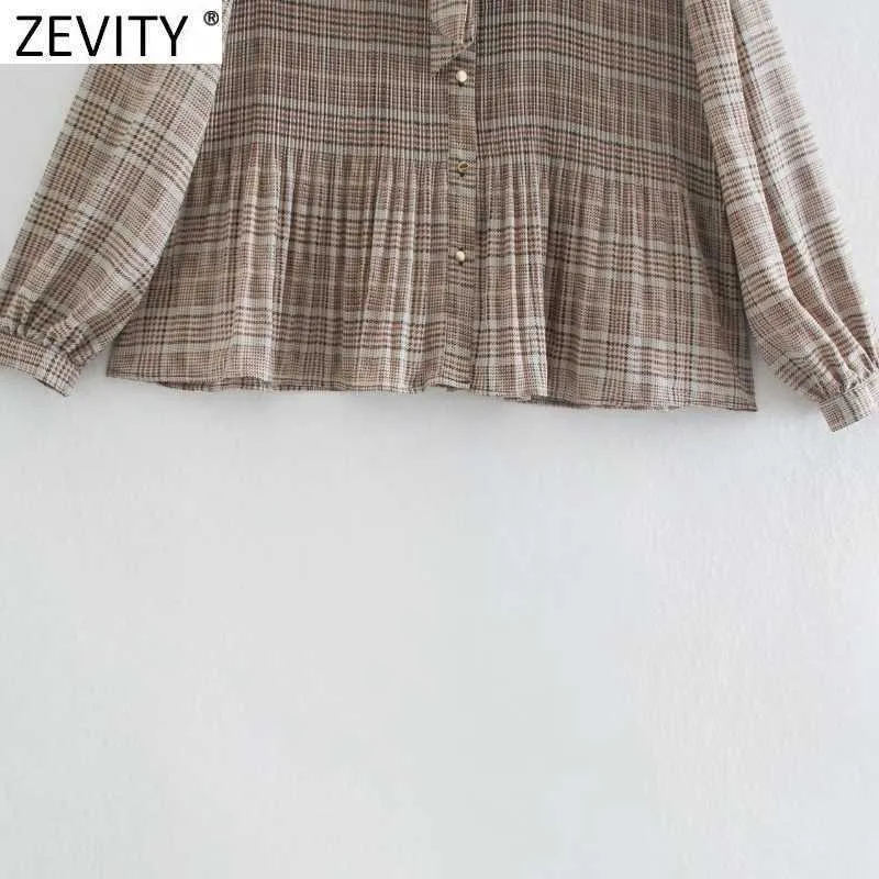 Zevity Women Vintage Bow Tied Stand Collar Plaid Print Pleated Kimono Skjortor Retro Lady Blouse Roupas Chic Femininas Tops LS7395 210603