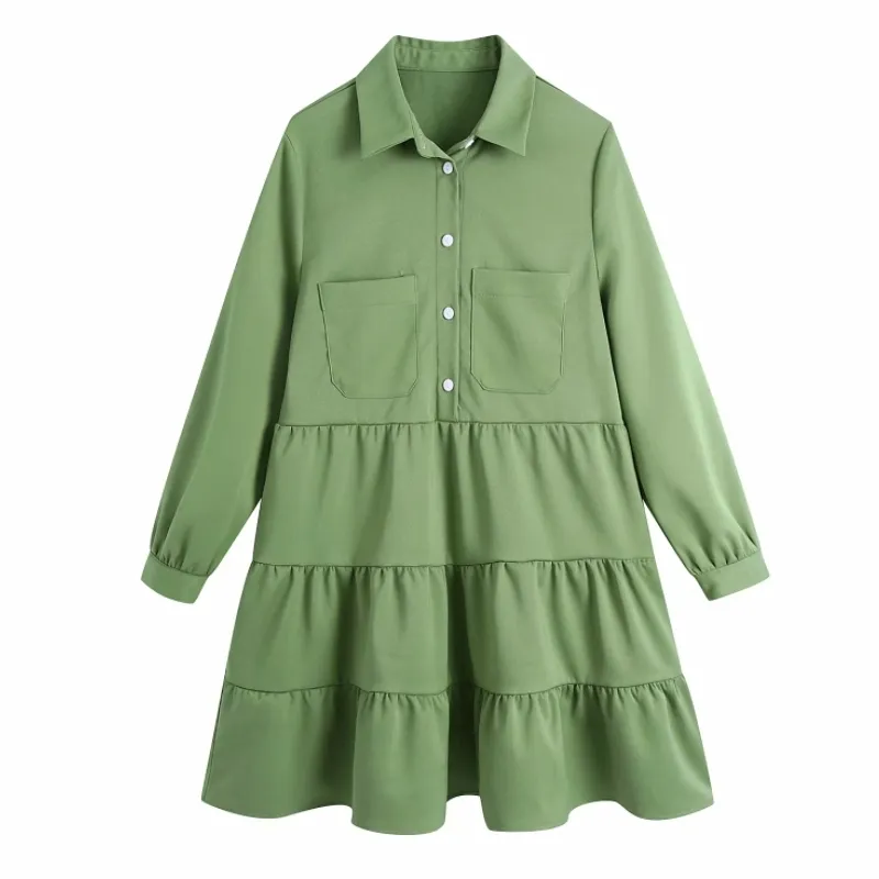 Printemps Femmes À Volants À Volants Mini Chemise Robe Femme Neuf Quart Manches Vêtements Casual Lady Lâche Robe D7393 210430