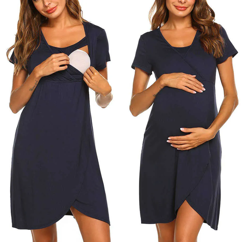 Women Maternity Dresses Summer Nursing Short Sleeve Nightgown Dress Solid Tunic Breastfeeding Clothes Sleepwear Pregnancy Y0924