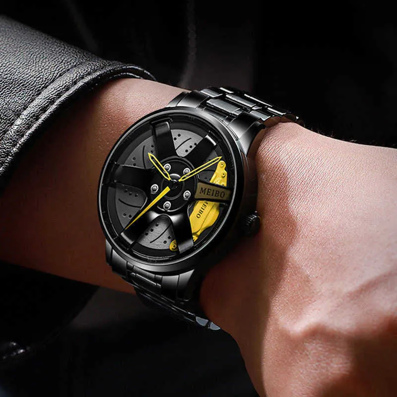 Moda Esporte Men's Watch 2021 de aço inoxidável relógio de pulso de quartzo para homem Design de roda masculino's Cool Clock Presente Preto Reloj Hombre G1022