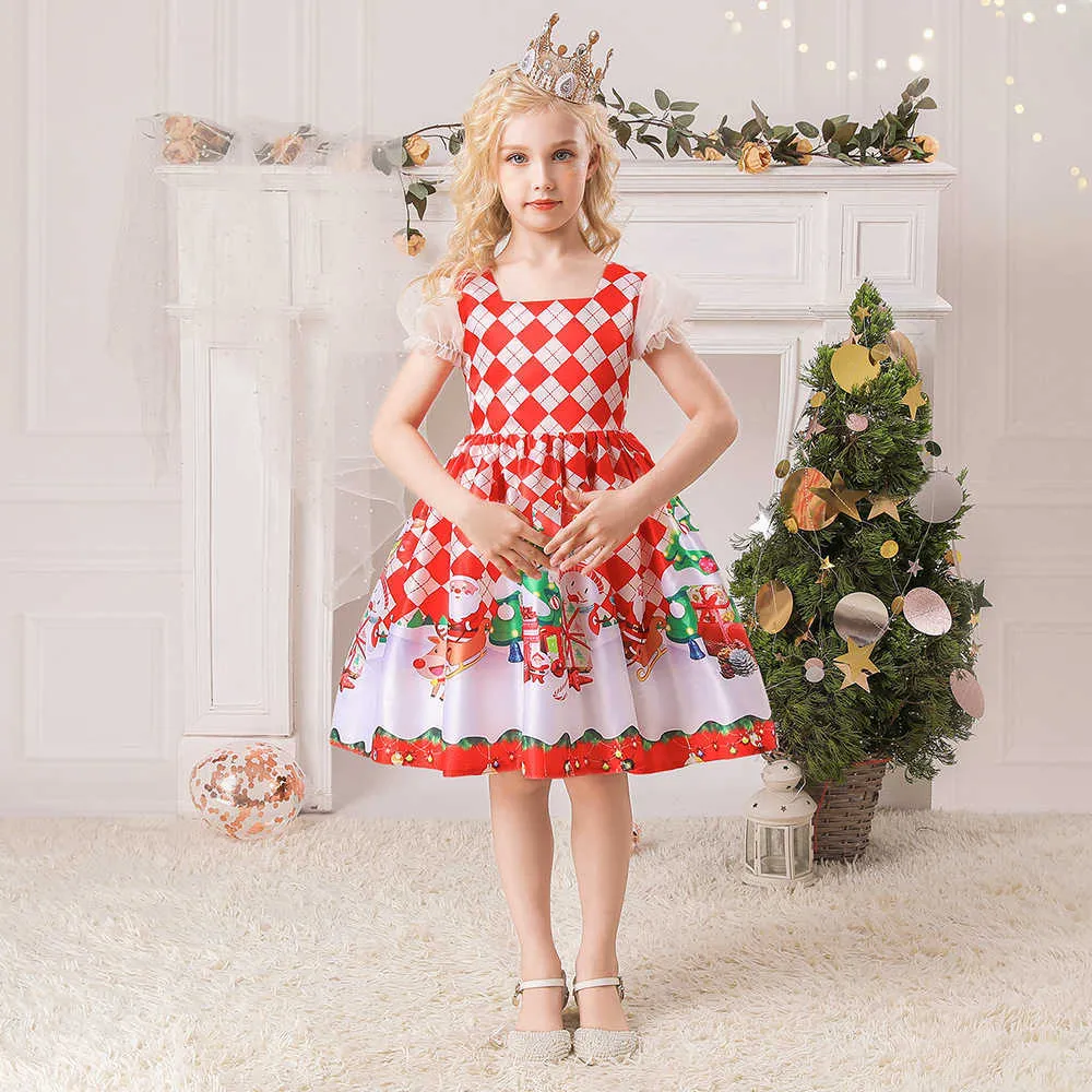 2021 nouvelle robe de noël pour filles enfant en bas âge cerf bandeau 2 pièces enfant Santa imprimer robes pour fille noël fête princesse robe G1026