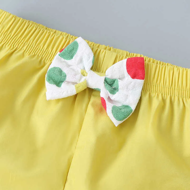 Summer Infant Barboteuses Vêtements Strap Dot Tops Bow Jaune Shorts Bébé Filles Costume 3-24M 210629