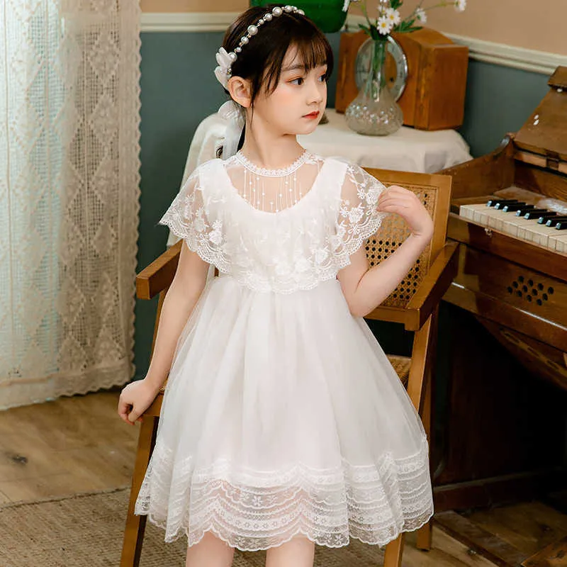 Fairy Girls Lace Princess Dress for Elder Emrbodiery Cape Sleeve Sundress with Waves Hemming Big Clothes 210529