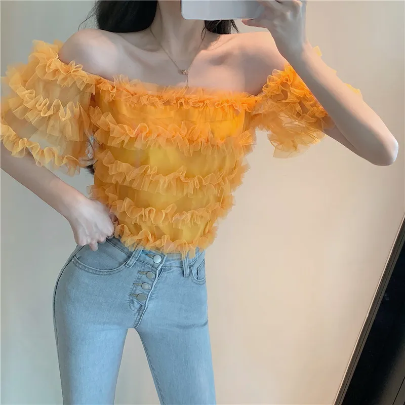 Moda Sexy Crop Tops Lato Chic Slash Neck Koronki Szyfonowa Bluzka Kobiety Ruffles Tort Krótki Rękaw Odzież Blusas de Mujer 210429