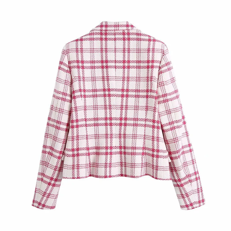 Casual Women V Neck Dubbelbröst Jacka Vår-Höst Mode Ladies High Street Coat Kvinna Plaid Texture Blazer 210515