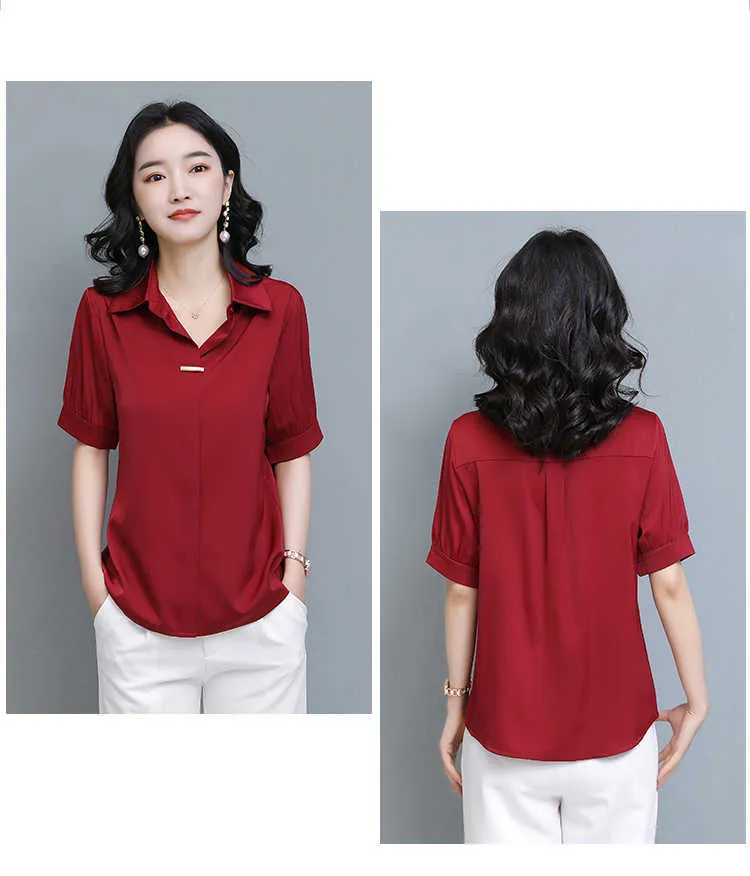 Summer Korean Fashion Silk blouse women Turn-down Collar Satin Office Lady Red Short Sleeve Blouse Plus Size XXXL Ladies Tops 210531