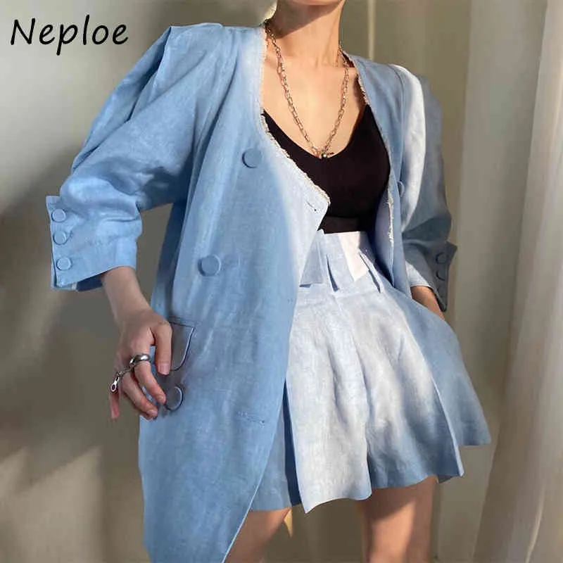 Work Style Ol Women Set O Neck Long Sleeve Double Breast Jacket + High Waist Hip Straight Shorts Solid Suit Spring 210422