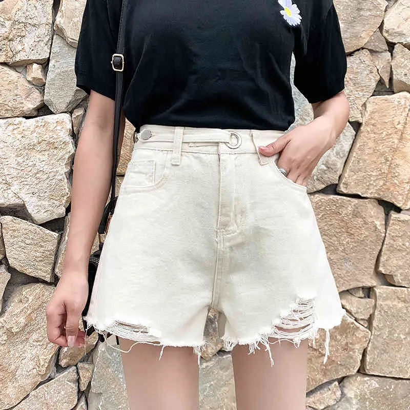 Solidny przycisk Szerokie nogi Koszule damskie Plus Rozmiar Koreański Styl Ripped Shorts Loose High Waist Slim Prosto-noga 9515 210508