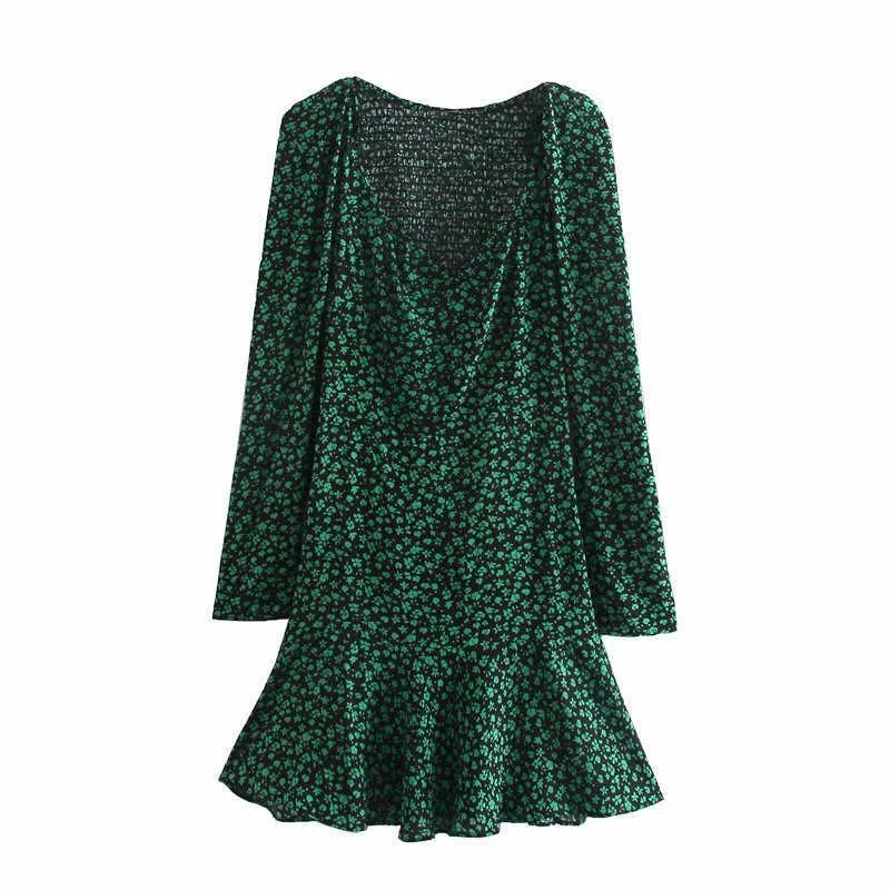 ZA Yaz Çiçek Baskı Mini Elbise Kadınlar Uzun Kollu Smocked Elastik Vintage Yeşil Elbise Kadın Chic Yan Zip Vestidos 210602