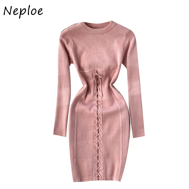 Neploe O Neck Pullover Langarm Strickpullover Kleid Frauen Hohe Taille Hüfte Bodycon Vestidos Winter Outwear Solide Robe 210510