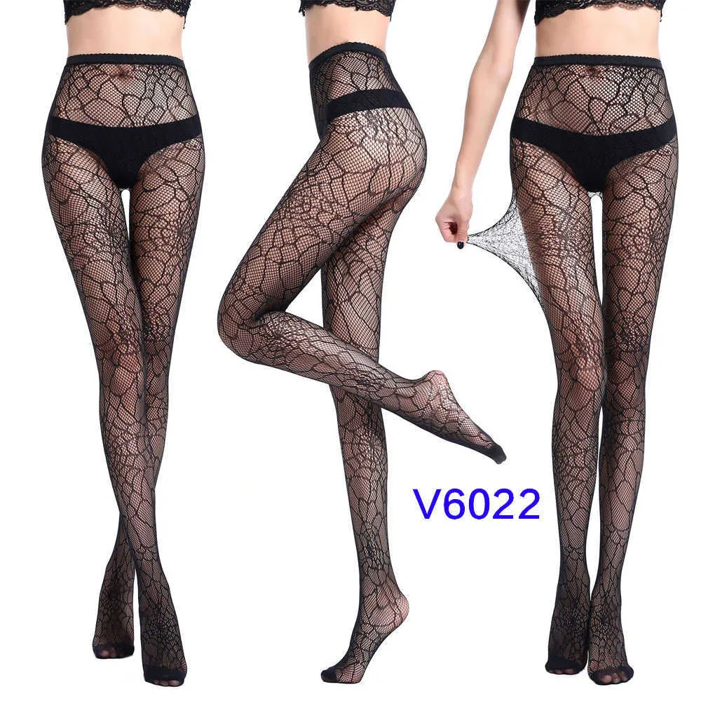 Bas noirs pour femmes Sexy Cuisse Haute Résille Nylon Long Bas Creux Ouvert Entrejambe Femelle Jacquard Lingerie Leggings X0521