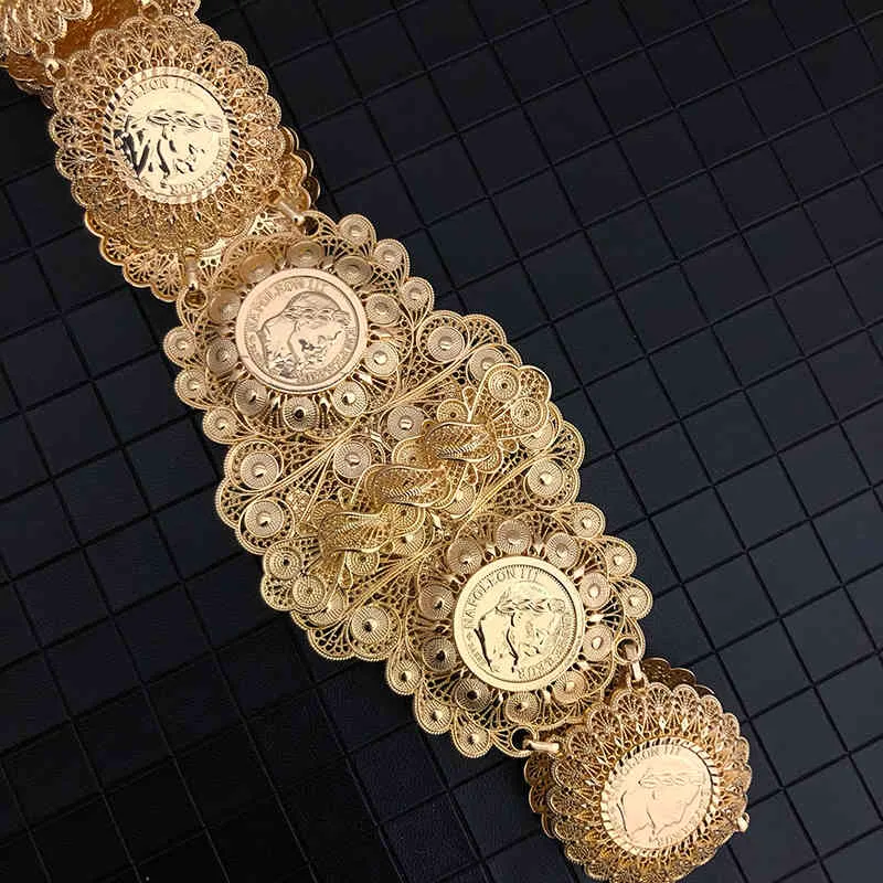 Ceinture algérienne en métal doré chaîne de pièces de monnaie française conception de fleurs Caftan ceintures alger algérie bijoux de vacances traditionnels pour les femmes