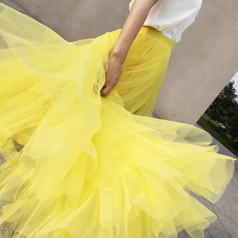 95 cm långa 2 lager mesh med foder expansion kjol gul tulle elastisk midja sommar strand resa boll stor swing kjolar 210629