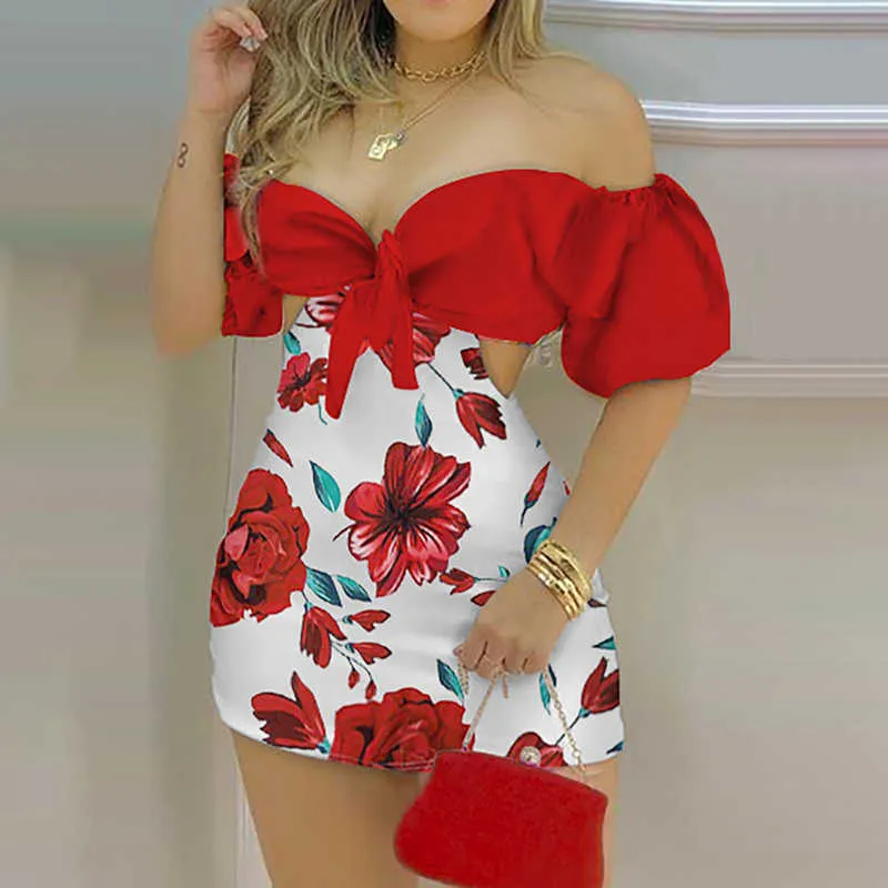 Kobiety Moda Off Ramię Mini Ramiper Kobiet Kwiatowy Druku Playsuit Wiązany Skorty Romper 210716