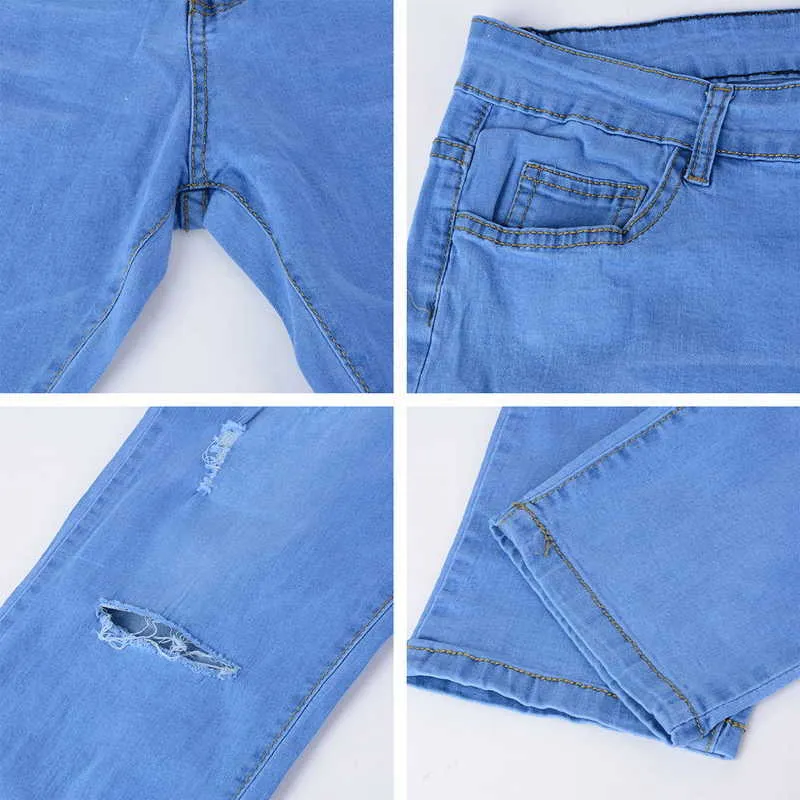 Hommes Ripped trous Jeans Casual Noir Bleu Skinny Slim Fit Denim Pantalon Biker Hip Hop Jeans avec sexy Holel Denim Pantalon 211011