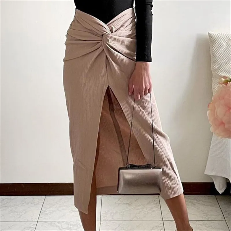 Folds Women Pencil Midi Skirt Slit High Waist Elegant Bodycon Sexy Streetwear Party Club Sommarkläder 210430