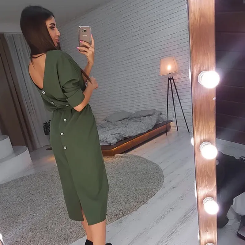 Sonbahar ve Kışlık Elbise Katı Renk V Yaka İki-Aşınma A-Line Kemer kadın Tek Göğüslü Bölünmüş Femme Robe Vestidos 210517