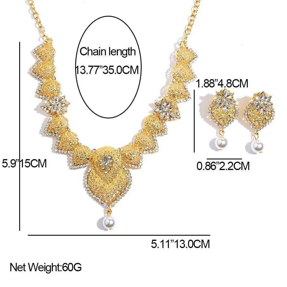 Bara känna kristall pärlor smycken uppsättning för kvinnor indisk bröllop mode imitation pärla guld färg dubai arabiska halsband örhängen sätta h1022