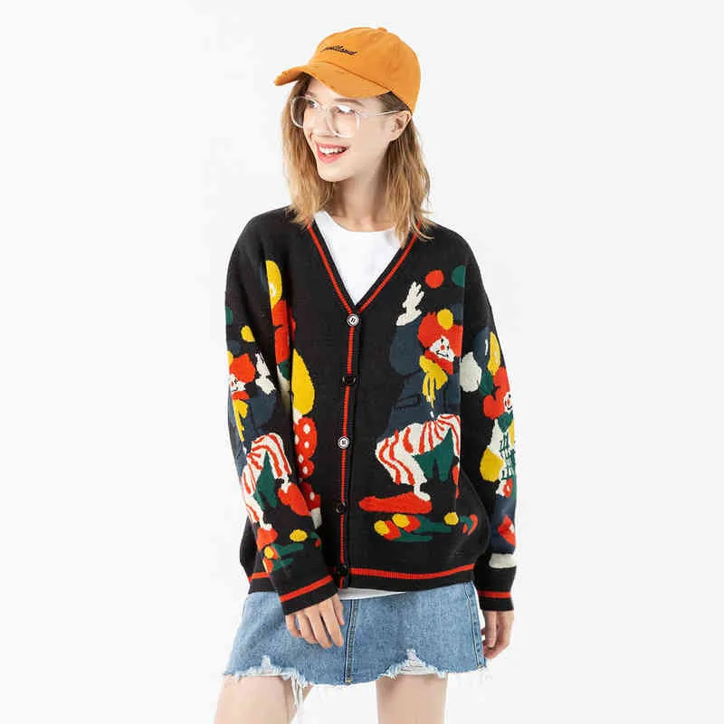 ATSUNNY Broderie Clown Magique Harajuku Pull Style Rétro Pull Tricoté Automne Cardigan Tops 211221