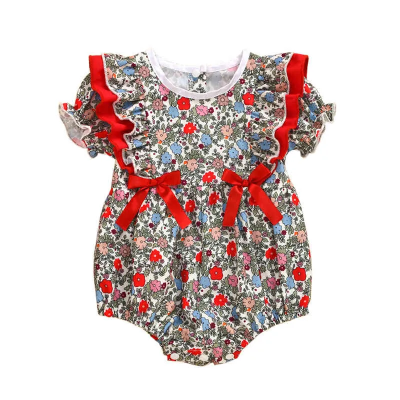 né Barboteuse 0-24 Mois Manches Bouffantes À Volants Arc Combinaison Bébé Vêtements Princesse Style Infantile Fille Floral Triangle 210515