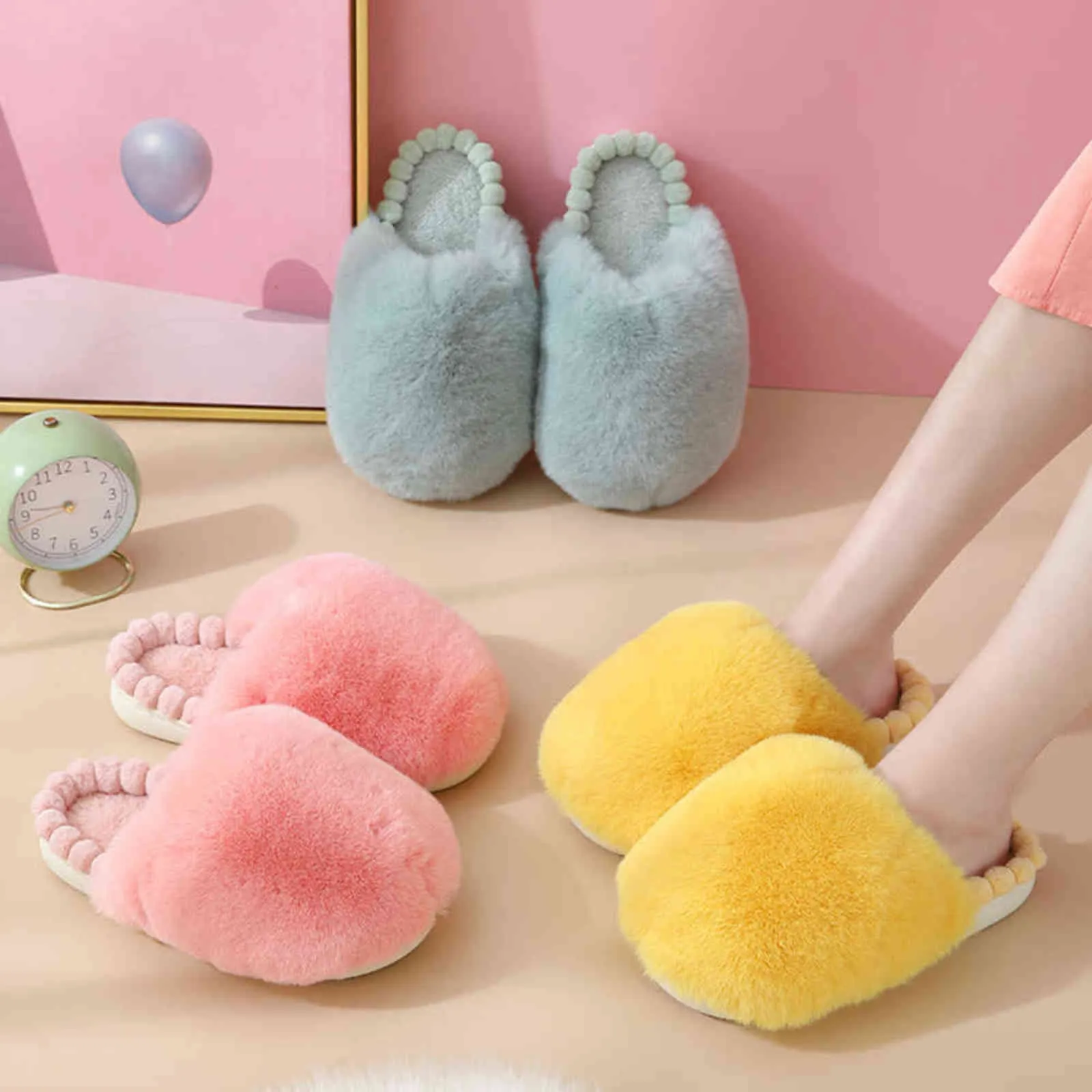 Winter Home Women Slippers Furry Shoes Thick Warm Fur Slides Girl Cute Clouds Solid Color Flip Flops Flat Non-Slip Plush Slipper H1122