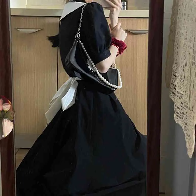 Ezgaga Vintage robe élégante femmes à manches courtes revers ruban arc style preppy été nouvelle taille haute doux robes feminino 210430