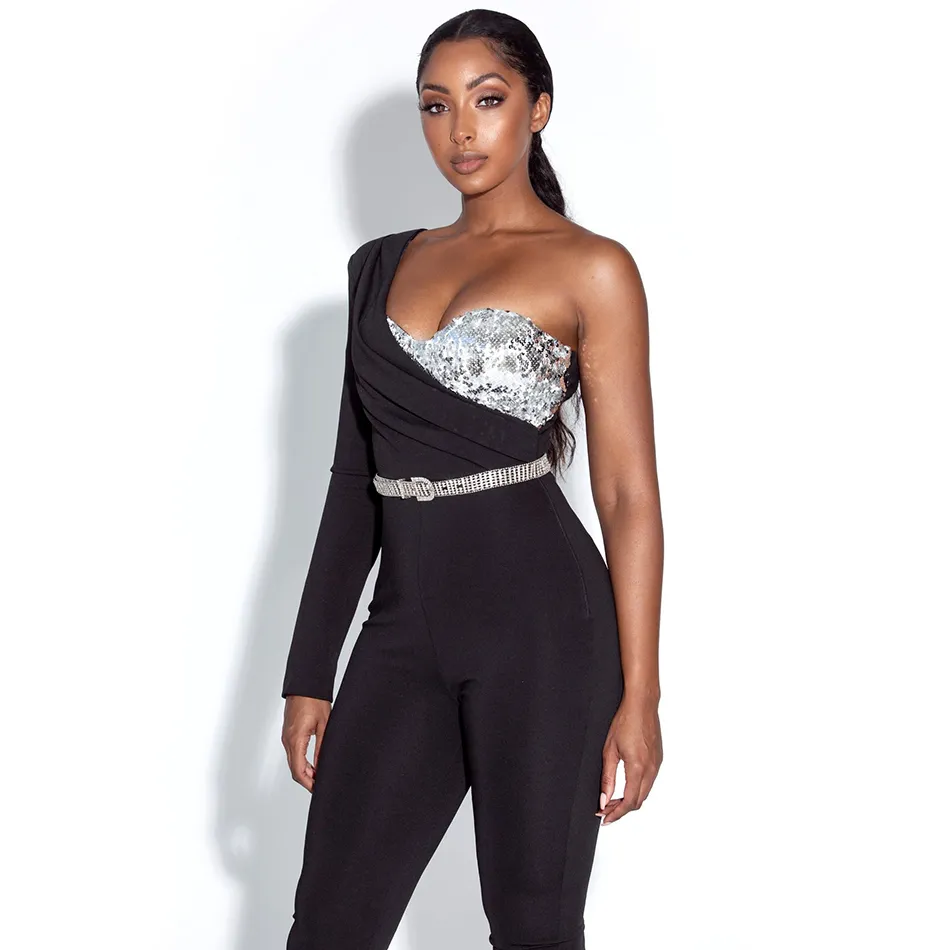 Winter Women Black Sequins Maxi Jumpsuits Sexy One Shoulder Long Sleeve& Full Pants Club Bodysuit Rompers Jumpsuit 210423