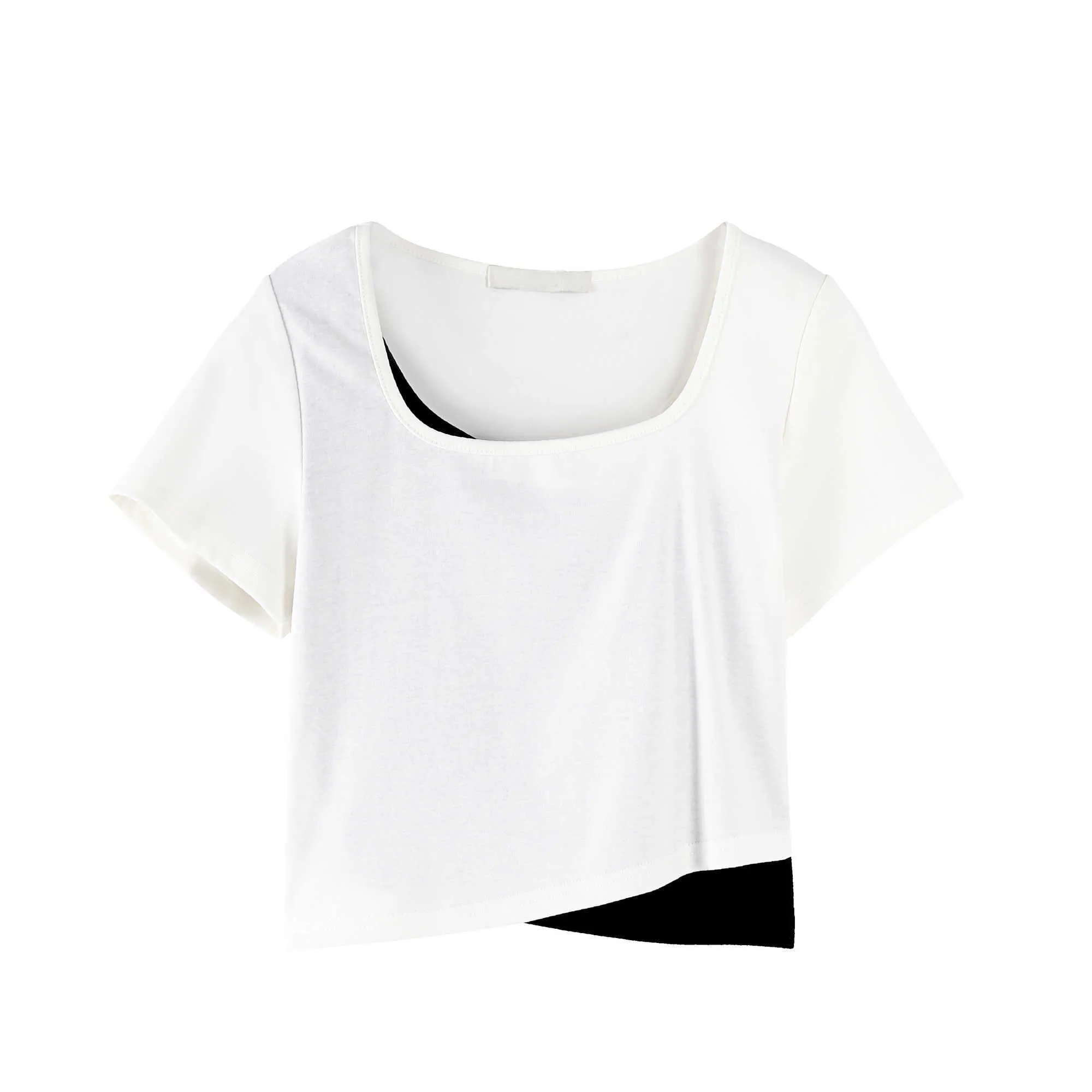 Casual Square Collar Short Sleeve T-shirt Women's Summer Design Slim Fake Two White Top 210615