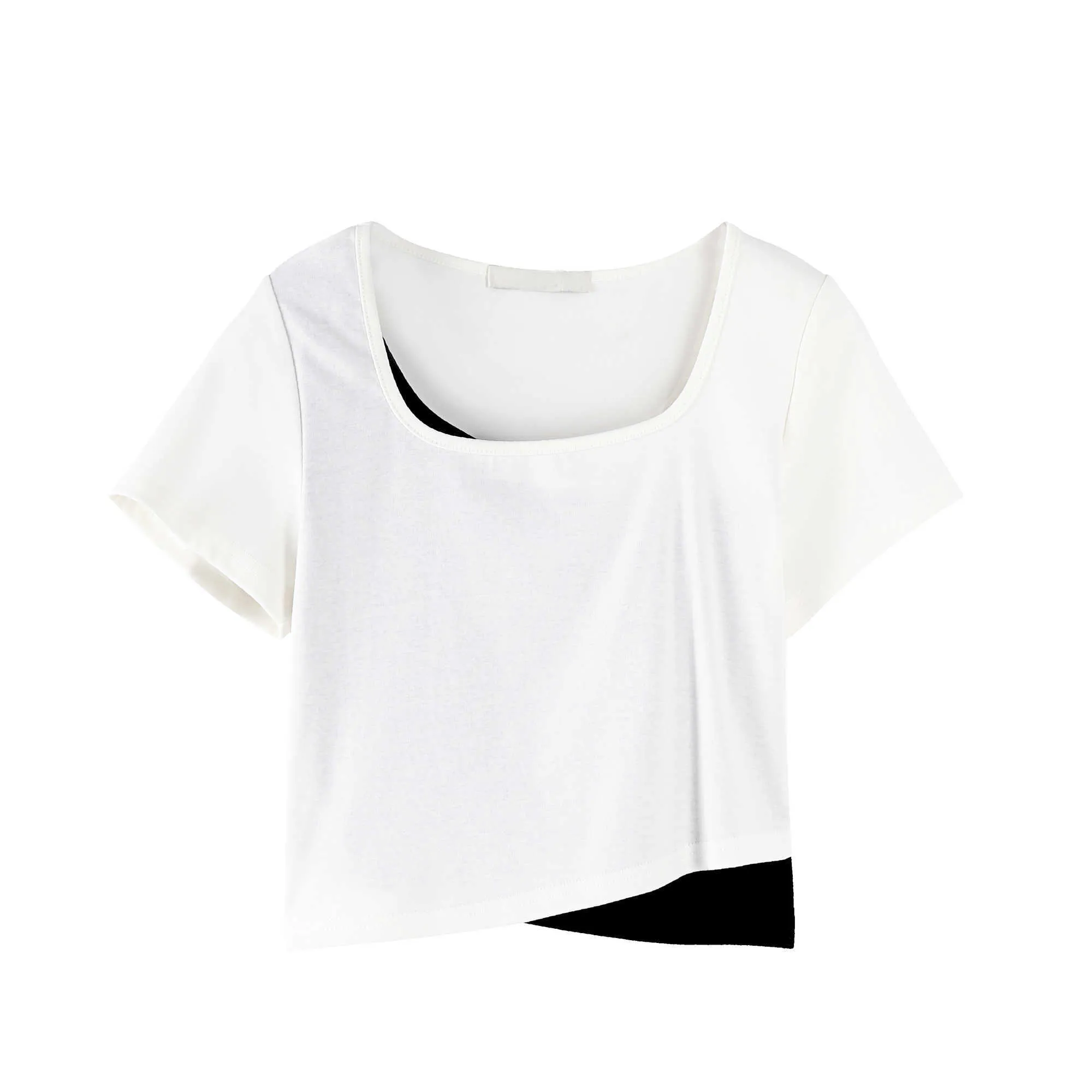 T-shirt casual a maniche corte con colletto quadrato design estivo da donna slim finto due top bianco 210615