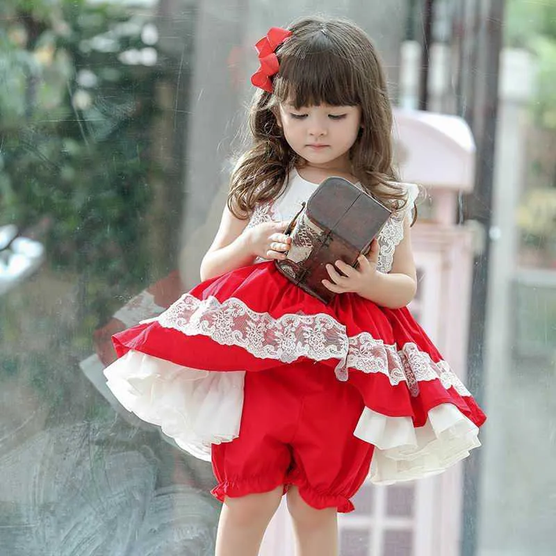 Spanish Style Kids Dresses for Girls Lace Red Sleeveless Princess Bubble Skirt Baby Clothes E55 210610