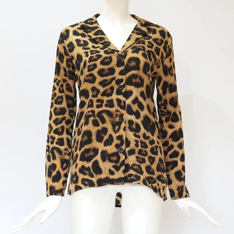 Frauen Vintage Bluse Langarm Leopard Print Umlegekragen Chiffon Bluse Dame Büro Hemd Casual Lose Tops 3XL 210415