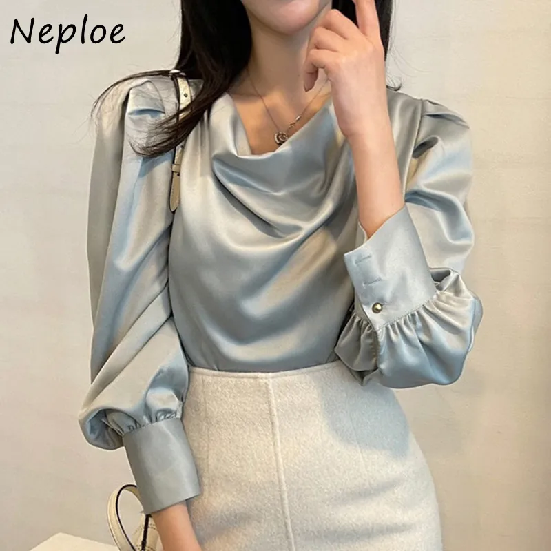 Work Style Office Lady Solid Blouse Women Spring Slim Stain Simple Blusas High Neck Long Sleeve Pullover Shirt 210422