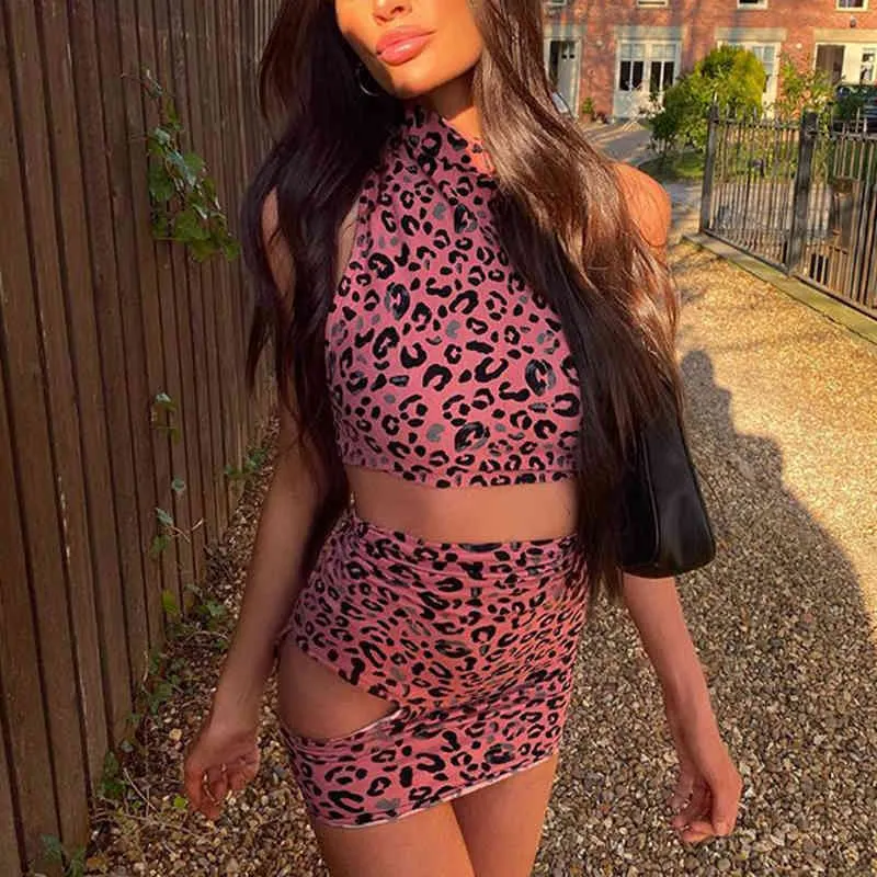 OMSJ Leopard Print Skirt Set For Women Sleeveless Crop Top+Hole Mini Skirts Two Piece Outfits Summer Skinny Tracksuit 210517