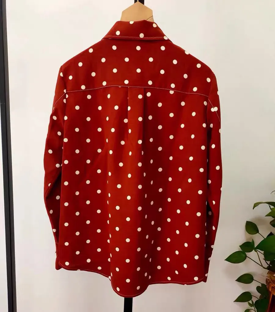 printemps mode à pois imprimé arc col à manches longues rouge bloouse mignon doux plus la taille lâche chemise femmes tops 210421