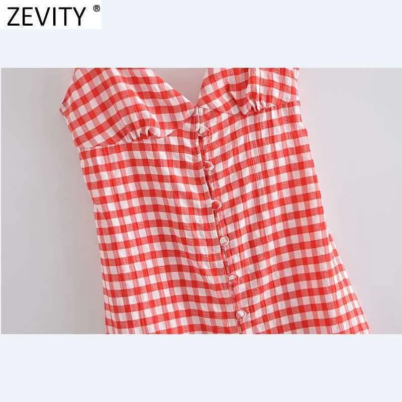 Zevity Women Vintage V Neck Red Plaid Print Breasted Sling Midi Dress Female Sexy Backless Lace Up Vestido Summer Dresses DS8351 210603