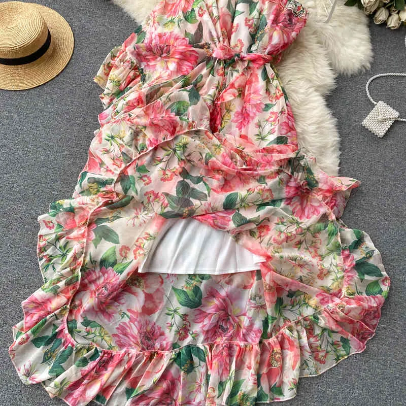 Spring European American Floral Maxi Vestidos Women's Diagonal Collar One-shoulder Ruffled Temperament Dress C639 210506