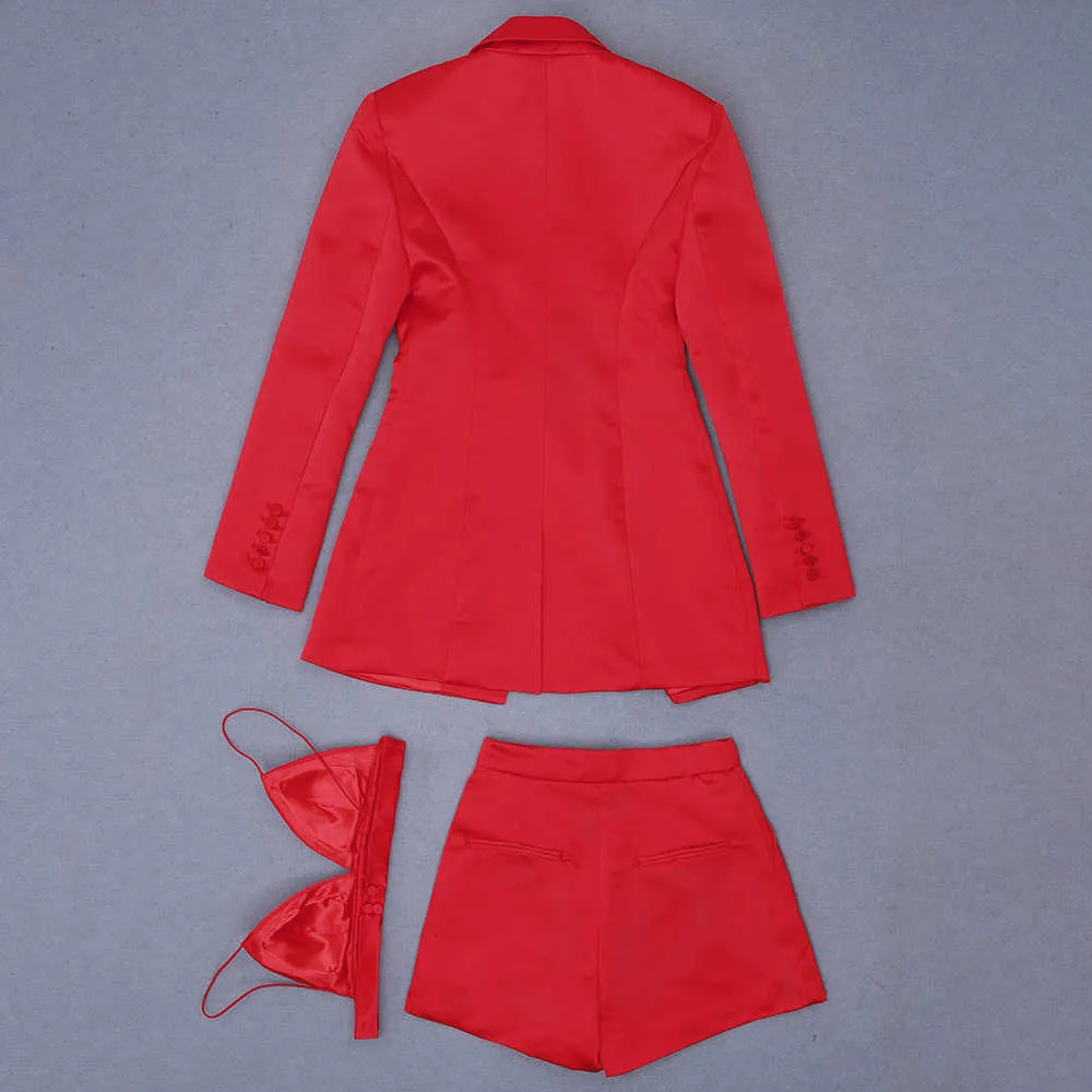 Ensemble de vêtements pour femmes Sexy Blazer rouge Manteaux Office Lady Deux pièces High Street Costumes courts 210527