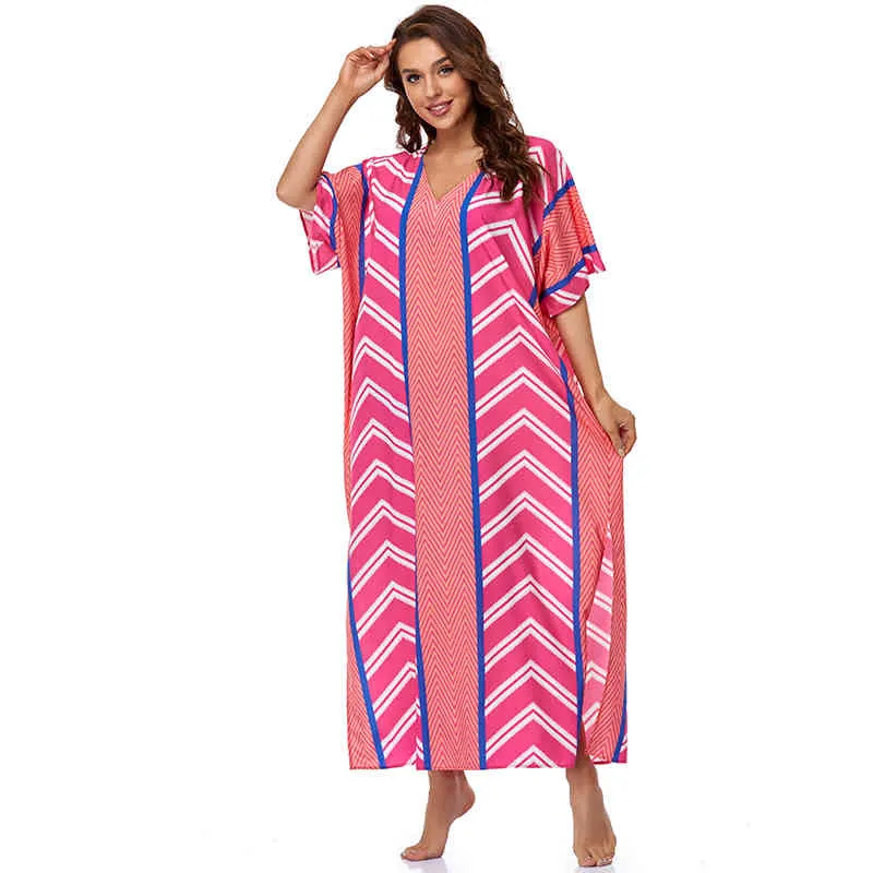 Abito da ragazza dritto con scollo a V sexy a righe Abiti da donna maxi rosa Abiti da spiaggia Taglie forti Coprispalle feste estive da donna Q1247 210420