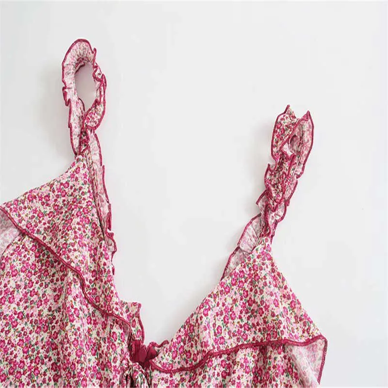 ZA Floral Print Wzburzyć Letnia Sukienka Kobiety Bez Rękawów Paski Vintage Mini Sukienki Kobieta Chic Front Krawata Różowa Suknia Plażowa 210602