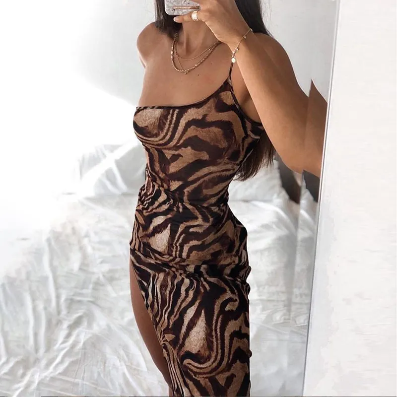 Sommar tiger print sexig en axelparti klubb klänningar ärmlös slank split lång vestidos elegant vintage backless klänning 210517