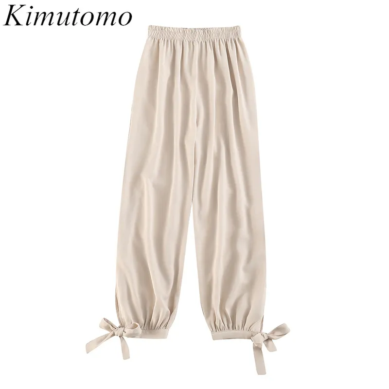 Kimutomo 봄 패션 캐주얼 바지 여성 모든 일치하는 높은 탄성 허리 활 레이스 업 느슨한 스트레이트 발목 길이 바지 210521