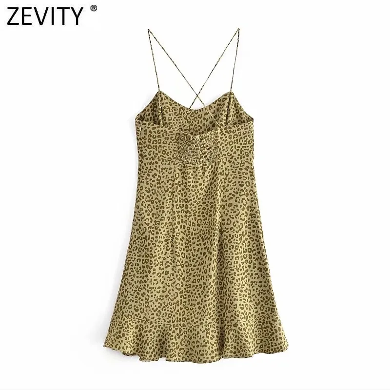 Zevity Women Sexy Leopardプリント裾のフリルスリングミニドレス女性シックサイドジッパーヴェスティド夏のビーチドレスDS8321 210419