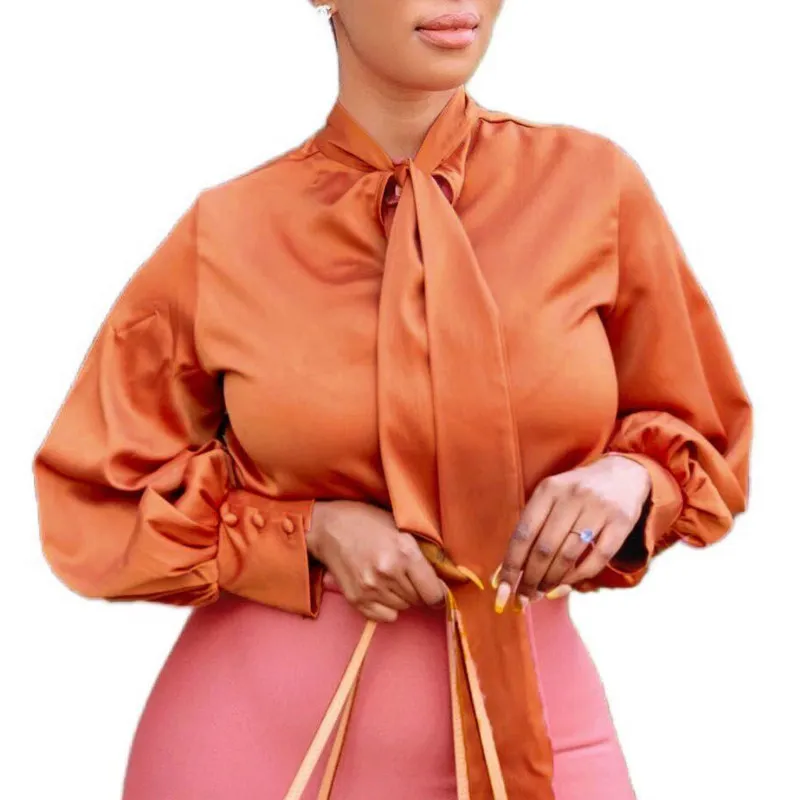 Women Blouse with Bowtie Long Sleeves Elegant Office Ladies Summer Silk Pink Yellow Fashion Tops Modest Female Classy Bluas 210416