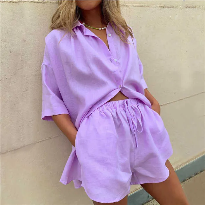 Kvinnor Shorts Set Summer Blouse Tracksuit Half Sleeve T-shirt Toppar Lös kostym Två Piece Office Lady Blue Purple Wihte 210529
