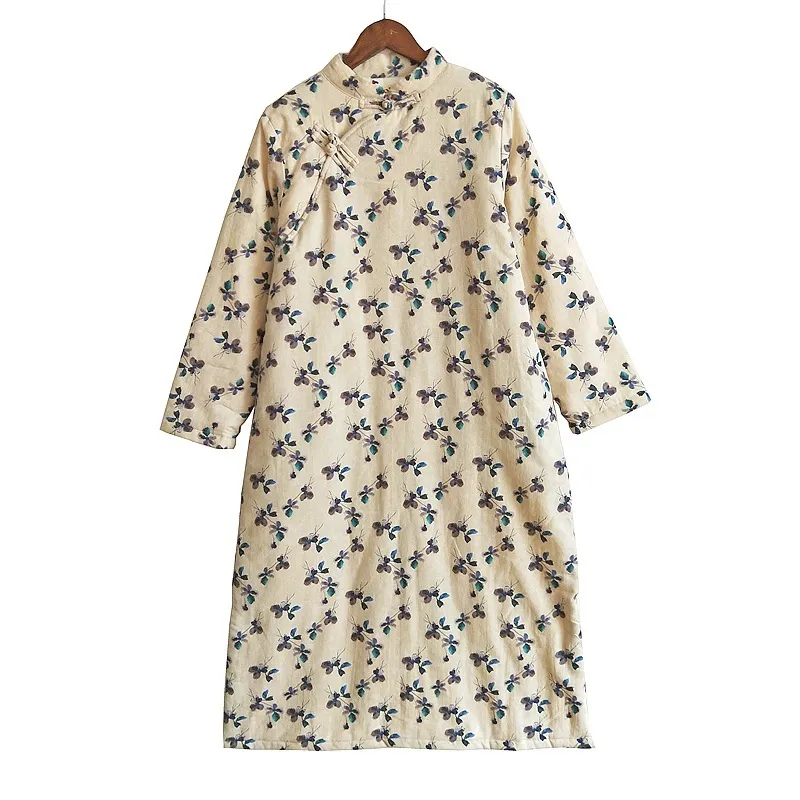 Johnature Women Vintage Plus Cotton Dress Stand Button Chinese Style Print Floral Linen Autumn Winter Women Warm Dress 210521