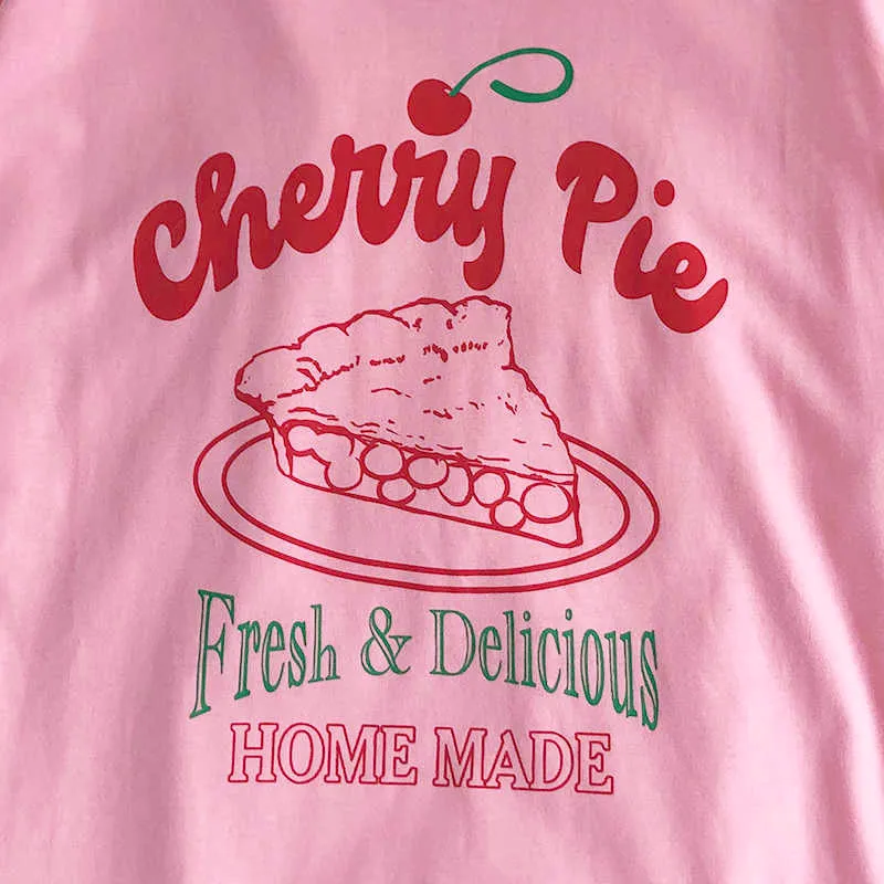 Camiseta de manga corta holgada y cómoda con cuello redondo y estampado de letras divertidas de Cherry Cake Pink Girly 210623