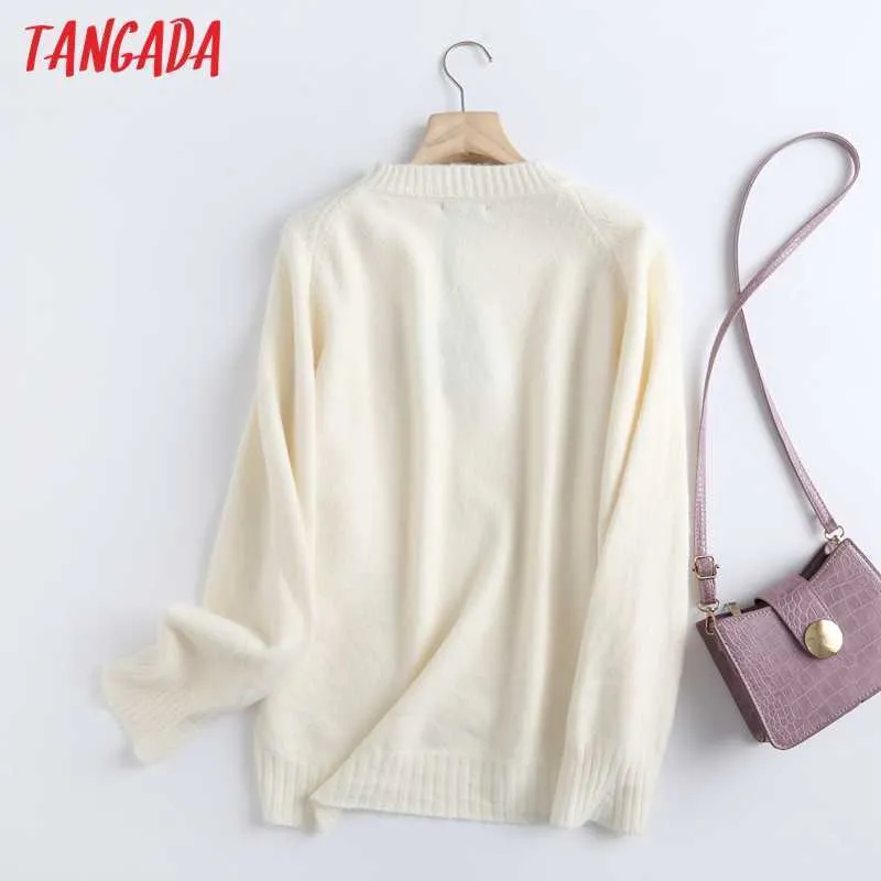 Tangada Kvinnor Mode Elegant Beige Stickad Tröja Jumper O Neck Female Oversize Pullovers Chic Toppar 6d24 210806